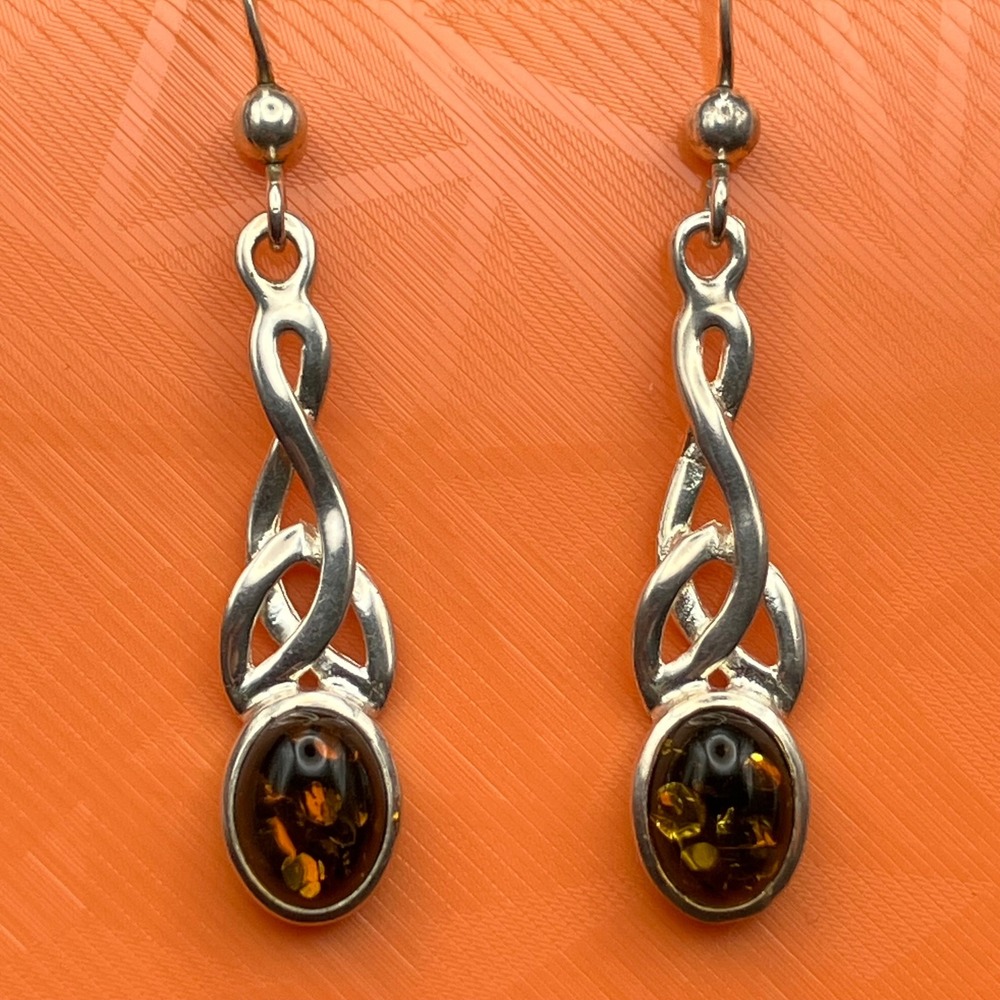 Vintage Sterling Silver Green Amber Celtic Knot Dangle Earrings 1.5" NHJ - Picture 5 of 11